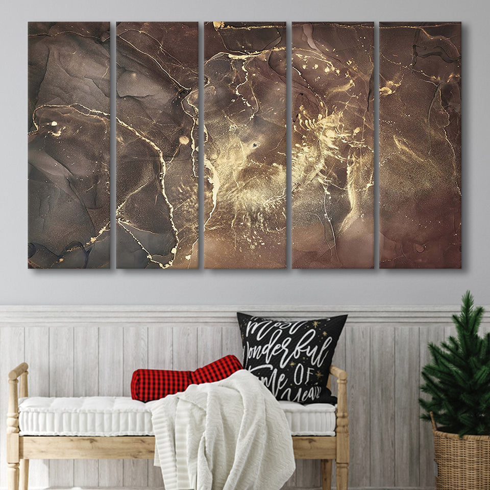 Brown Marble Wall Decor, Abstract Gold Print, Multi Panels, 5 Pieces B, Canvas Prints Wall Art Home Decor,X Large Canvas