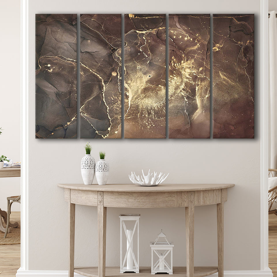 Brown Marble Wall Decor, Abstract Gold Print, Multi Panels, 5 Pieces B, Canvas Prints Wall Art Home Decor,X Large Canvas