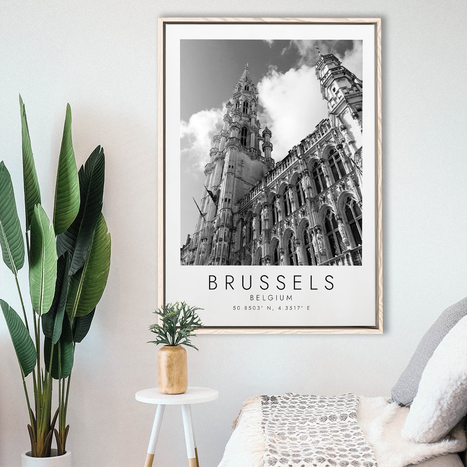 Brussels, Belgium Black And White Art Framed Canvas Prints Wall Art Home Decor, Floating Frame