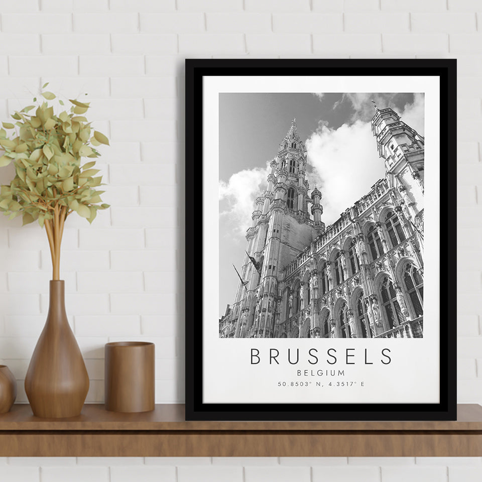 Brussels, Belgium Black And White Art Framed Canvas Prints Wall Art Home Decor, Floating Frame