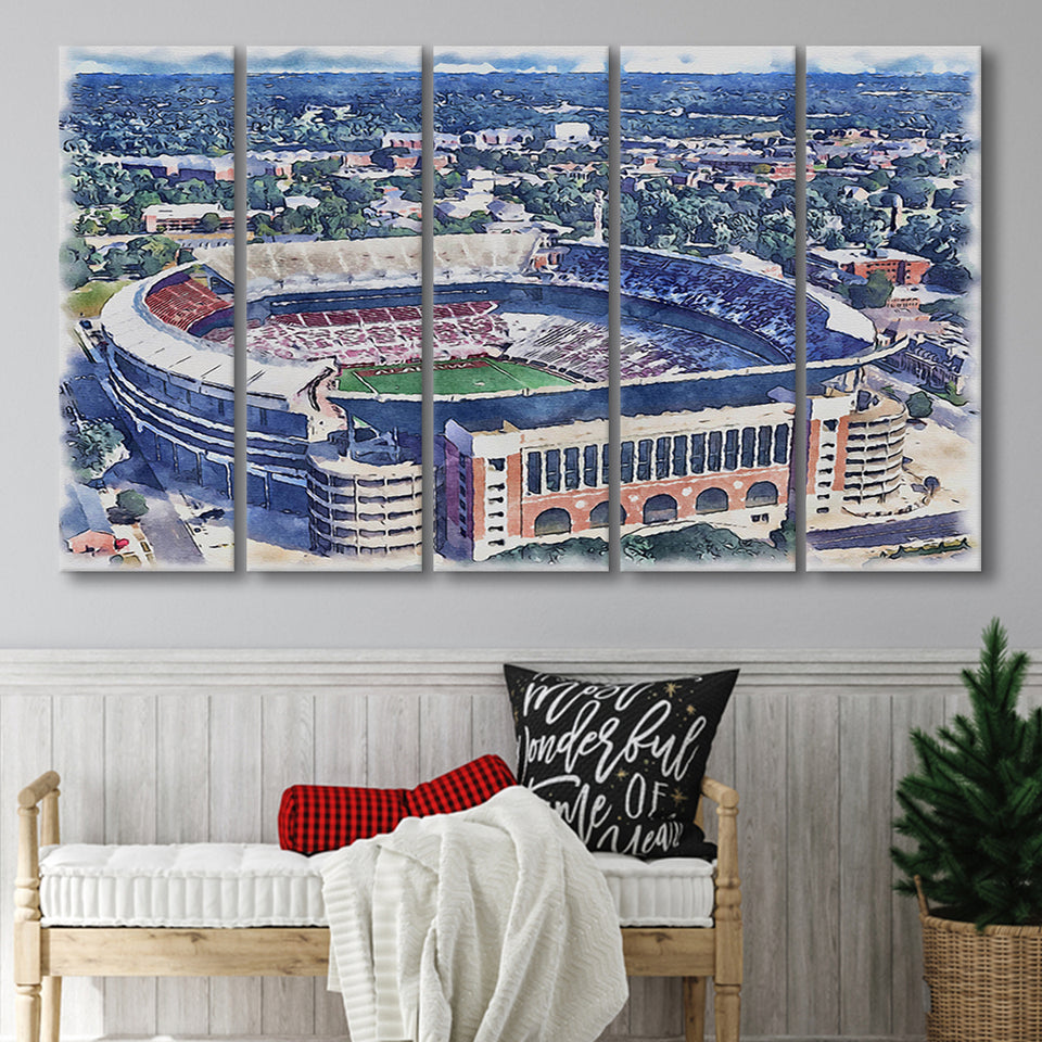 Bryant–Denny Stadium Alabama Stadium Watercolor, 5 Pieces B, Multi Panel Canvas Prints Wall Art Decor
