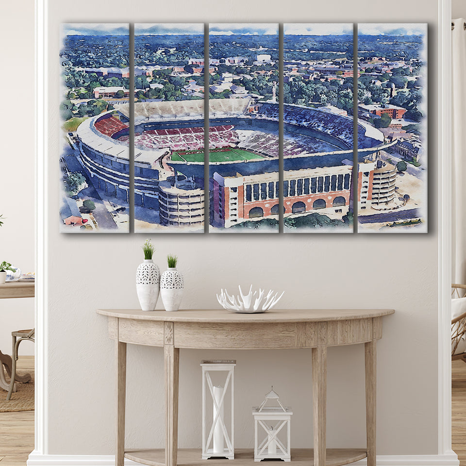 Bryant–Denny Stadium Alabama Stadium Watercolor, 5 Pieces B, Multi Panel Canvas Prints Wall Art Decor