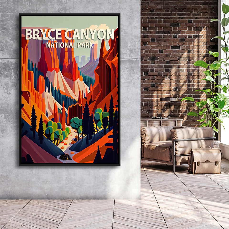 Bryce Canyon Park Retro Art Print, Large Canvas, Framed Canvas Print Wall Art Home Decor, Floating Frame