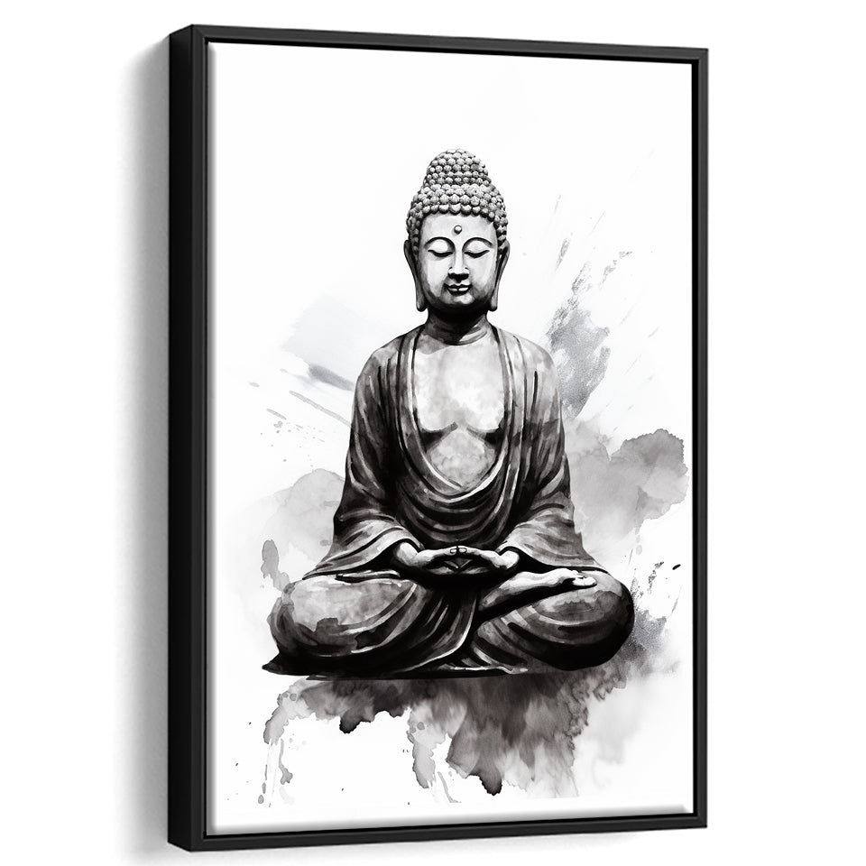 Buddha Meditate Ink Painting Black And White,Framed Canvas Prints,Floating Frame, Wall Art Home Decor