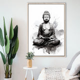 Buddha Meditate Ink Painting Black And White,Framed Canvas Prints,Floating Frame, Wall Art Home Decor