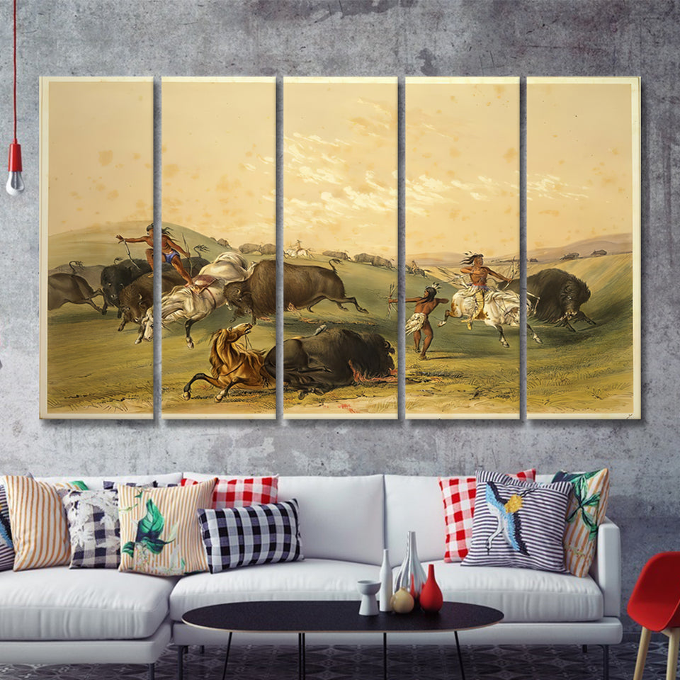 Buffalo Hunt A Numerous Group By George Catlin 1844 5 Pieces B Canvas Prints Wall Art - Painting Canvas, Multi Panels, Wall Decor