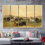 Buffalo Hunt A Numerous Group By George Catlin 1844 5 Pieces B Canvas Prints Wall Art - Painting Canvas, Multi Panels, Wall Decor