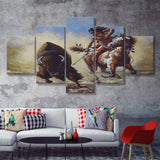 Buffalo Hunter Native American Painting 5 Pieces Canvas Prints Wall Art - Painting Canvas, Multi Panels, Wall Decor