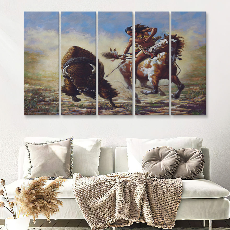 Buffalo Hunter Native American Painting 5 Pieces B Canvas Prints Wall Art - Painting Canvas, Multi Panels, Wall Decor