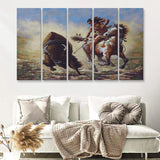 Buffalo Hunter Native American Painting 5 Pieces B Canvas Prints Wall Art - Painting Canvas, Multi Panels, Wall Decor