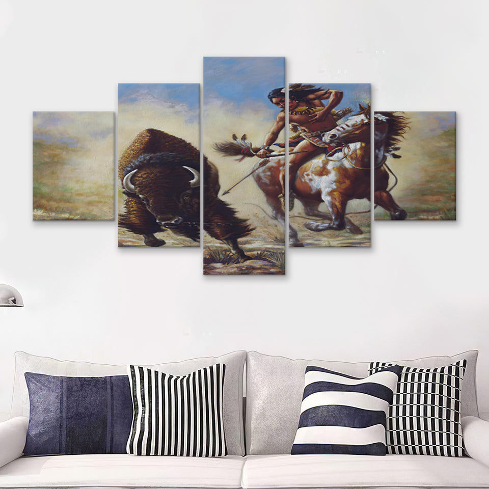 Buffalo Hunter Native American Painting 5 Pieces Canvas Prints Wall Art - Painting Canvas, Multi Panels, Wall Decor