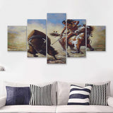 Buffalo Hunter Native American Painting 5 Pieces Canvas Prints Wall Art - Painting Canvas, Multi Panels, Wall Decor