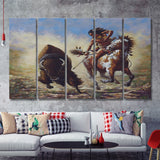 Buffalo Hunter Native American Painting 5 Pieces B Canvas Prints Wall Art - Painting Canvas, Multi Panels, Wall Decor