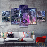 Buildings Of Downtown Miami 5 Pieces Canvas Prints Wall Art - Painting Canvas, Multi Panels, Wall Decor