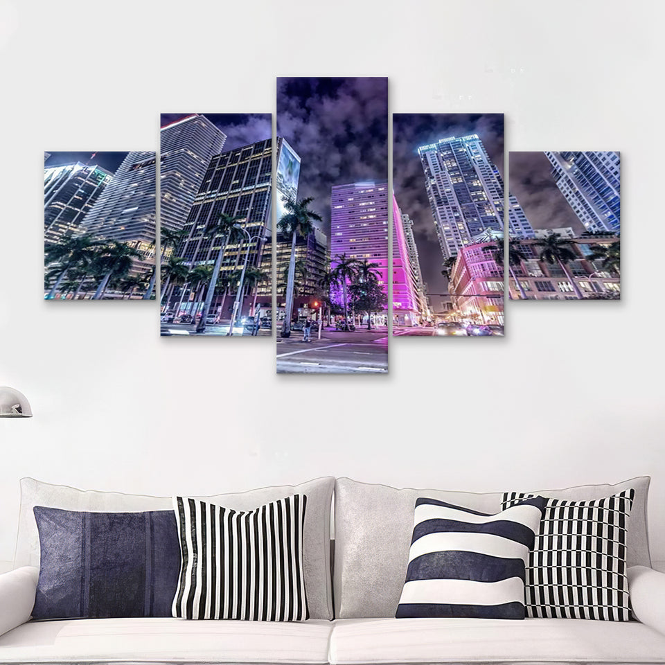 Buildings Of Downtown Miami 5 Pieces Canvas Prints Wall Art - Painting Canvas, Multi Panels, Wall Decor