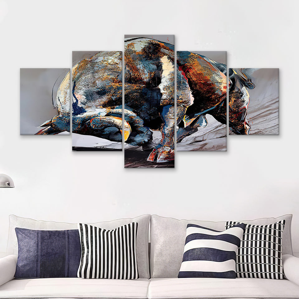 Bull Decor Entrepreneur Motivation Bull Statue 5 Pieces Canvas Prints Wall Art - Painting Canvas,Wall Decor, Multi Panel,5 Panels