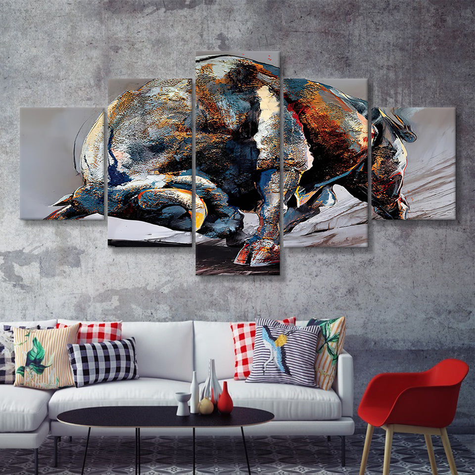 Bull Decor Entrepreneur Motivation Bull Statue 5 Pieces Canvas Prints Wall Art - Painting Canvas,Wall Decor, Multi Panel,5 Panels