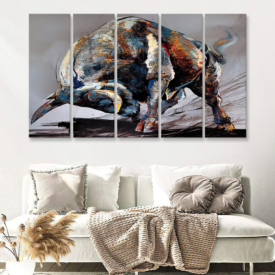 Bull Decor Entrepreneur Motivation Bull Statue 5 Pieces B Canvas Prints Wall Art - Painting Canvas,Wall Decor, Multi Panel,5 Panels