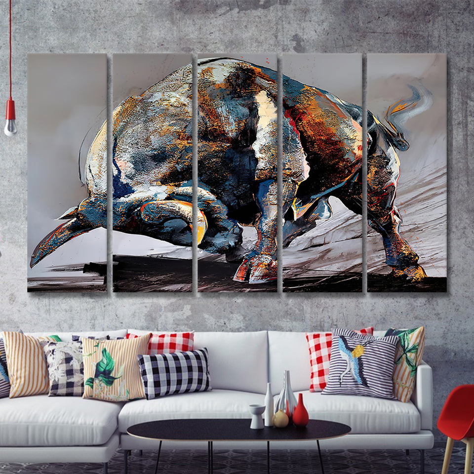 Bull Decor Entrepreneur Motivation Bull Statue 5 Pieces B Canvas Prints Wall Art - Painting Canvas,Wall Decor, Multi Panel,5 Panels