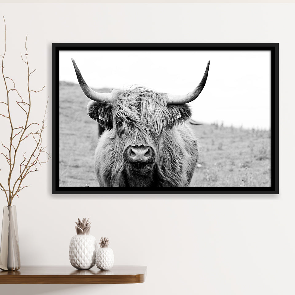 Bull Longhorn Bull Buffalo Cow Framed Canvas Prints Wall Art Home Decor - Painting Canvas, Black Frame, Framed Picture