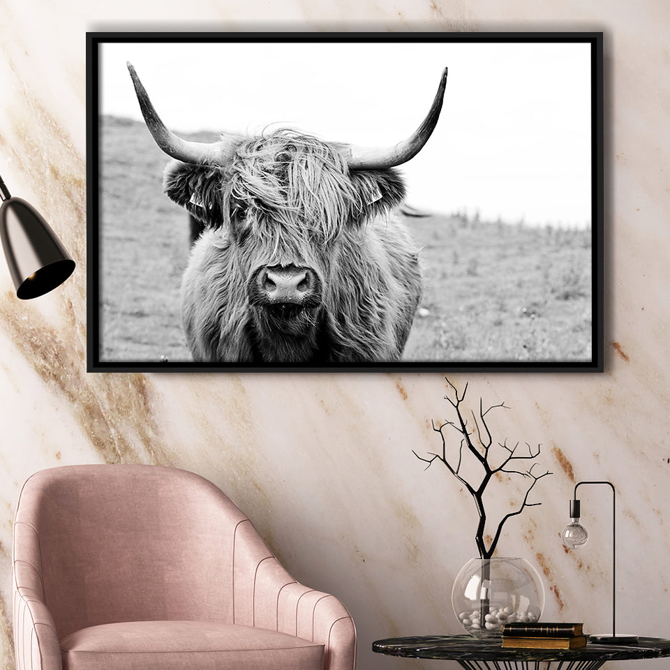 Bull Longhorn Bull Buffalo Cow Framed Canvas Prints Wall Art Home Decor - Painting Canvas, Black Frame, Framed Picture