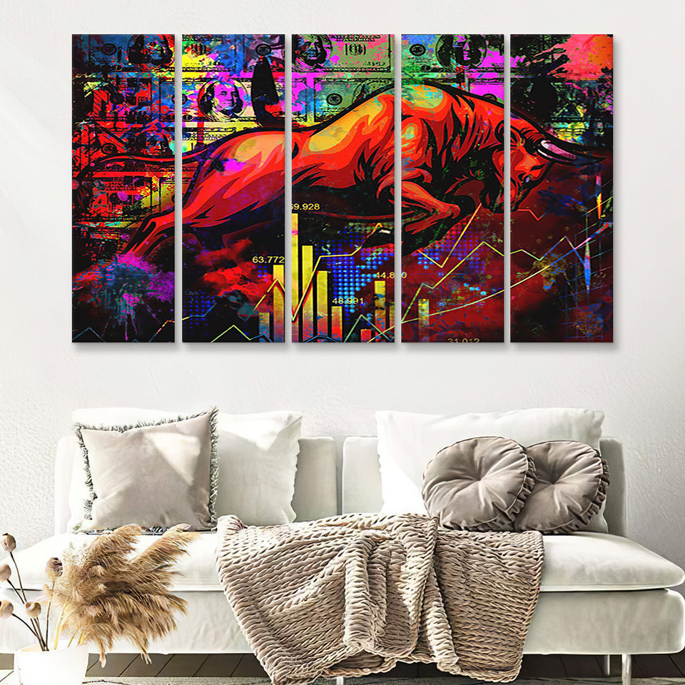 Bull Pop Art Wall Street Office Decor Motivation Inspirational 5 Pieces B Canvas Prints Wall Art - Painting Canvas, Multi Panels, Wall Decor