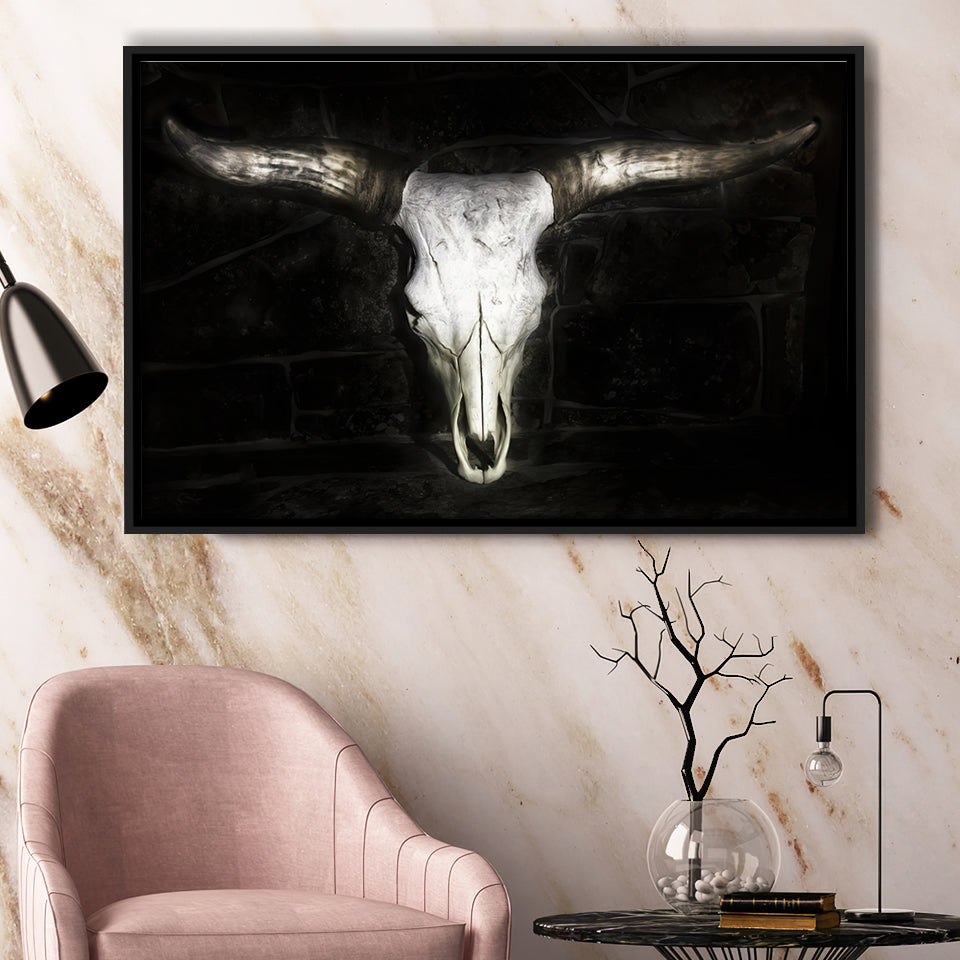 Bull Skull Black And White Framed Canvas Prints Wall Art - Painting Canvas,Floating Frame, Painting Prints,For Sale