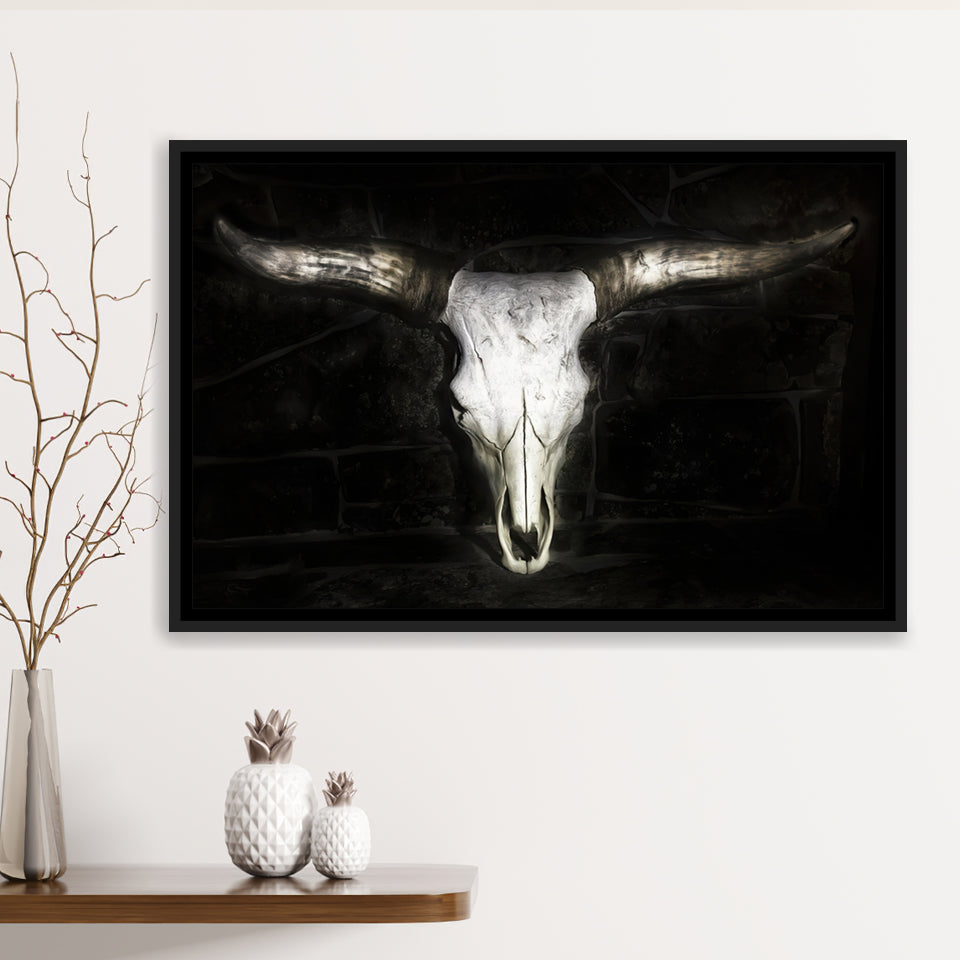 Bull Skull Black And White Framed Canvas Prints Wall Art - Painting Canvas,Floating Frame, Painting Prints,For Sale