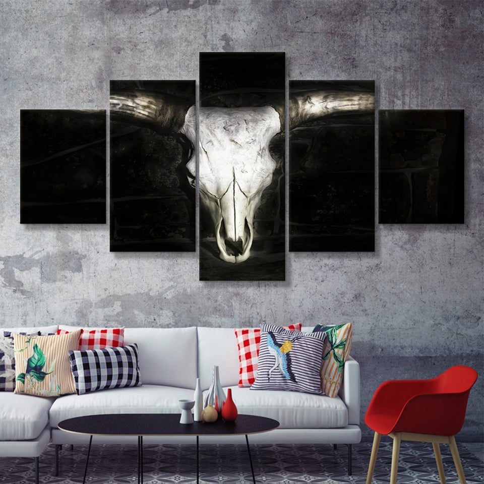 Bull Skull Black And White 5 Pieces Canvas Prints Wall Art - Painting Canvas,Wall Decor, Multi Panel,5 Panels