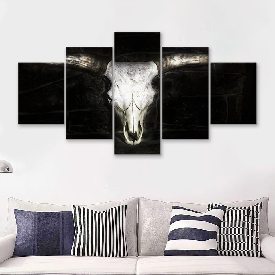 Bull Skull Black And White 5 Pieces Canvas Prints Wall Art - Painting Canvas,Wall Decor, Multi Panel,5 Panels