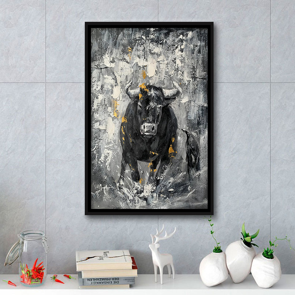 Bull Abstract Painting Framed Canvas Prints Wall Art - Painting Canvas, Floating Frame, Wall Decor