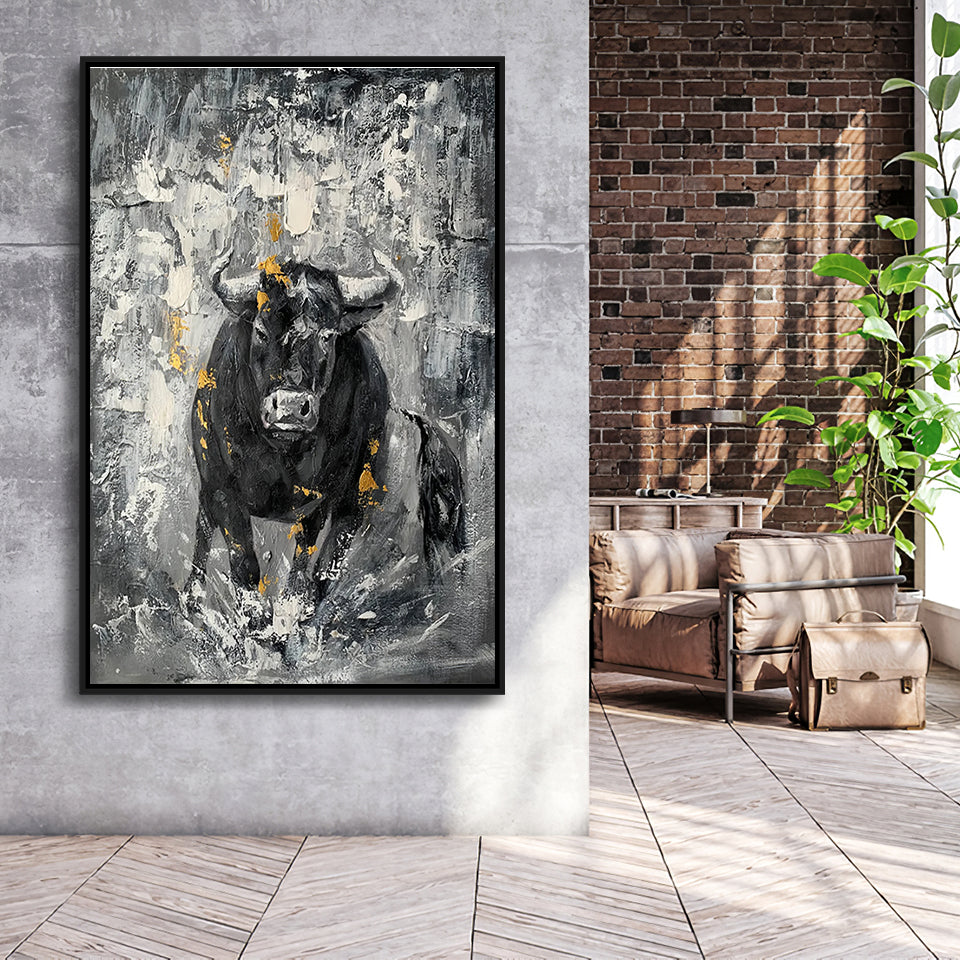 Bull Abstract Painting Framed Canvas Prints Wall Art - Painting Canvas, Floating Frame, Wall Decor