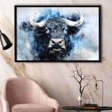 Bull Head Blue And Black Framed Canvas Prints Wall Art Home Decor, Painting Canvas, Floating Frame
