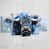 Bull Head Blue And Black 5 Panels Canvas Prints Wall Art Home Decor, Large Mixed Canvas