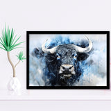 Bull Head Blue And Black Framed Art Prints Wall Decor, Painting Art, Framed Picture