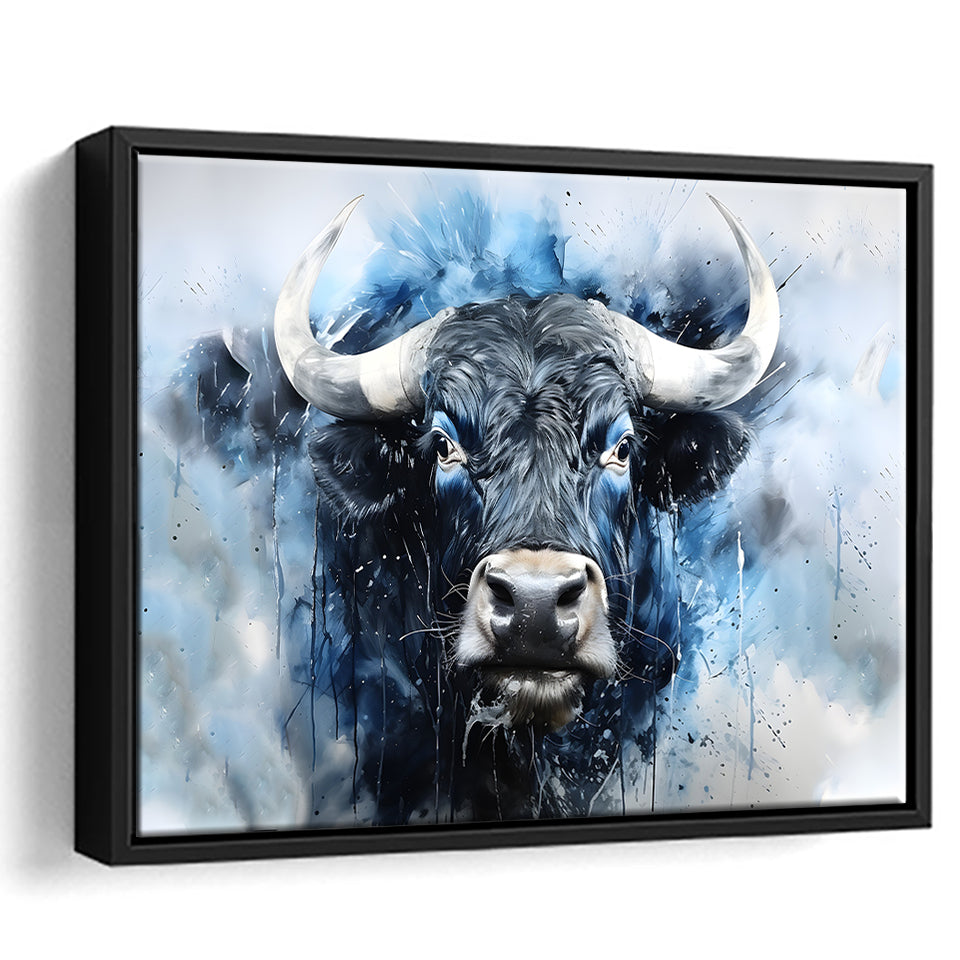 Bull Head Blue And Black Framed Canvas Prints Wall Art Home Decor, Painting Canvas, Floating Frame