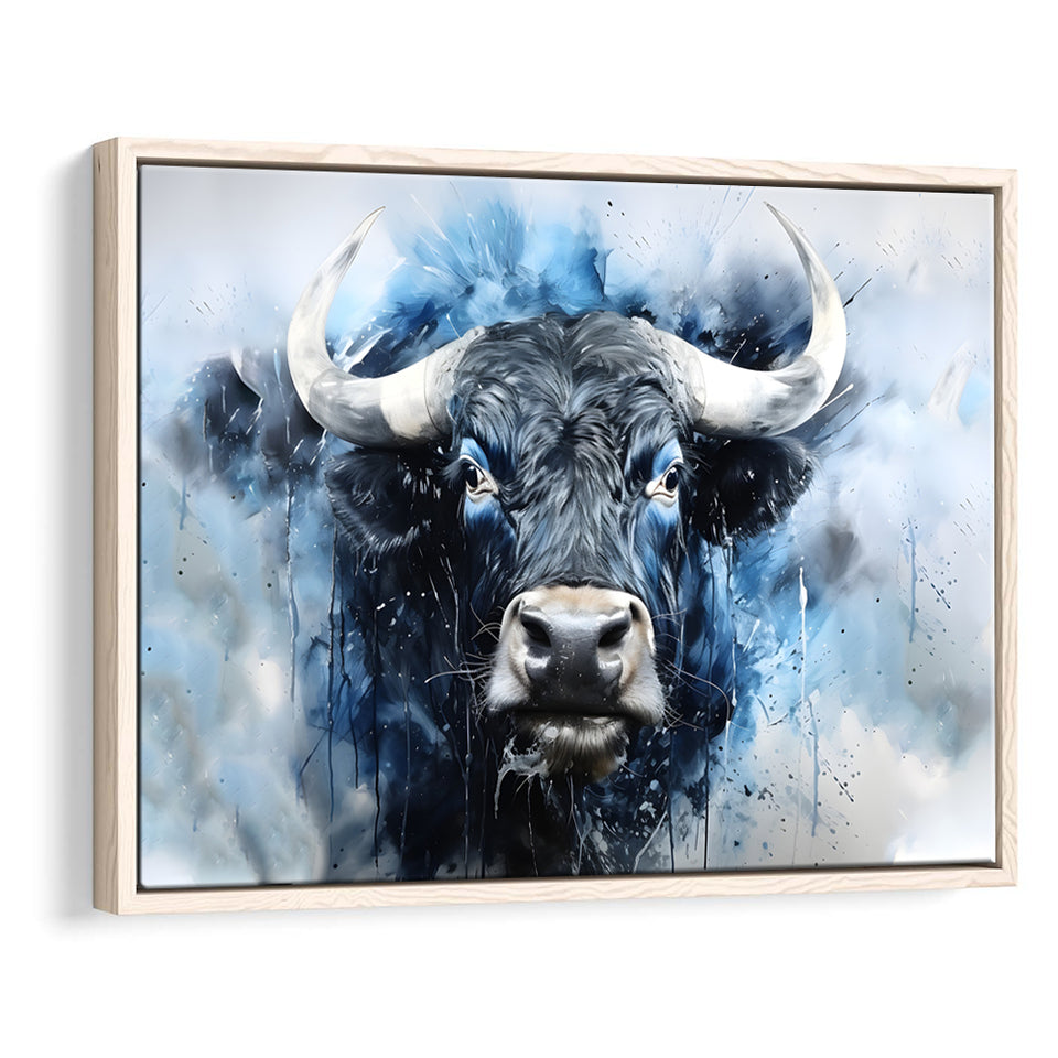 Bull Head Blue And Black Framed Canvas Prints Wall Art Home Decor, Painting Canvas, Floating Frame