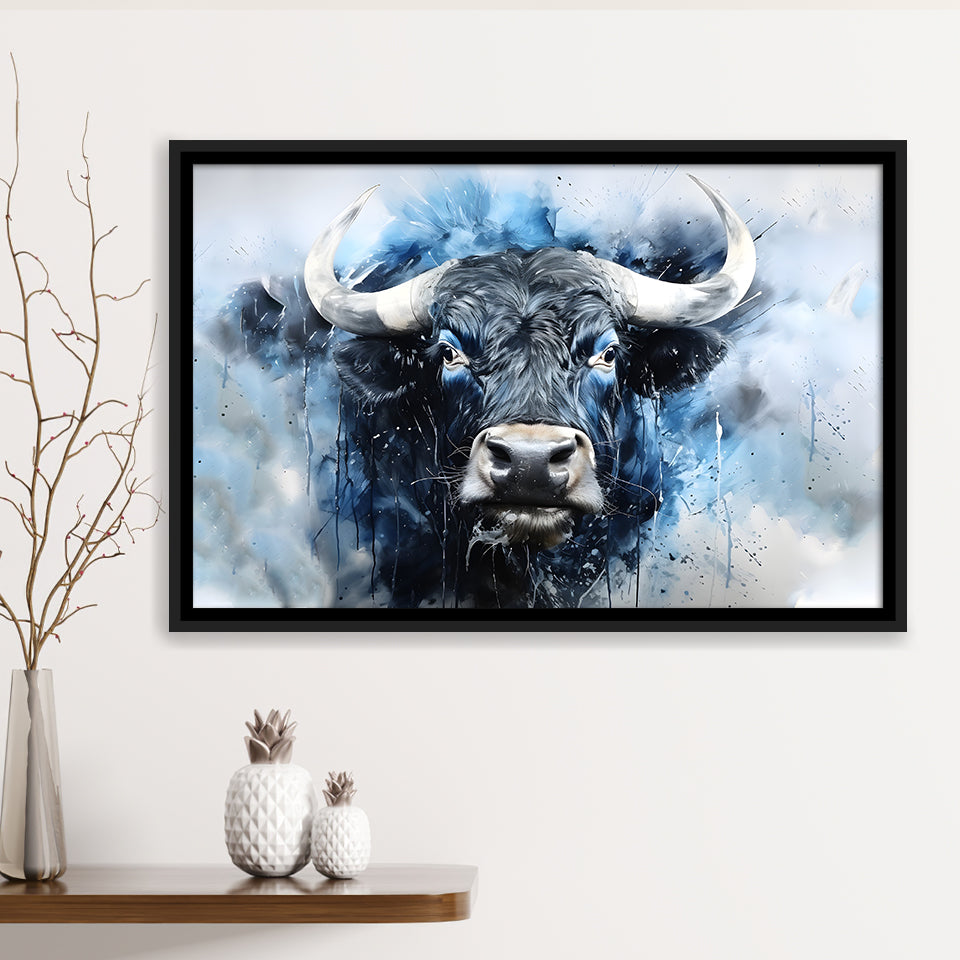 Bull Head Blue And Black Framed Canvas Prints Wall Art Home Decor, Painting Canvas, Floating Frame