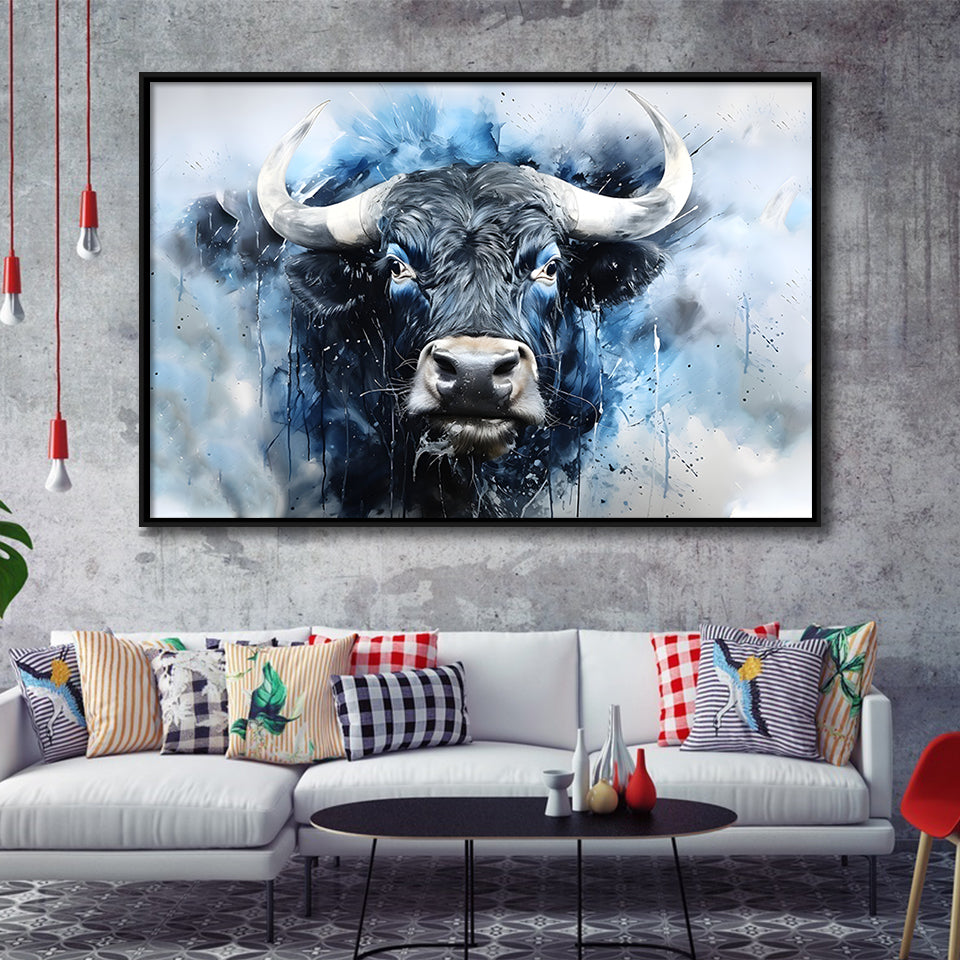 Bull Head Blue And Black Framed Canvas Prints Wall Art Home Decor, Painting Canvas, Floating Frame