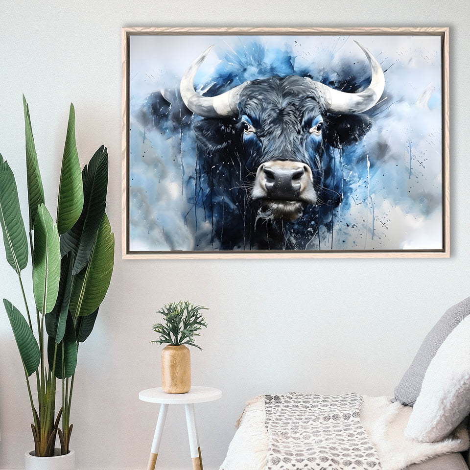 Bull Head Blue And Black Framed Canvas Prints Wall Art Home Decor, Painting Canvas, Floating Frame