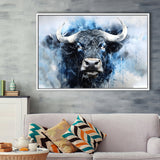 Bull Head Blue And Black Framed Canvas Prints Wall Art Home Decor, Painting Canvas, Floating Frame
