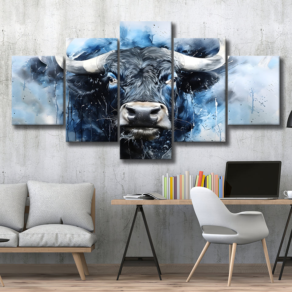 Bull Head Blue And Black 5 Panels Canvas Prints Wall Art Home Decor, Large Mixed Canvas