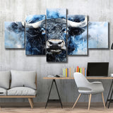 Bull Head Blue And Black 5 Panels Canvas Prints Wall Art Home Decor, Large Mixed Canvas