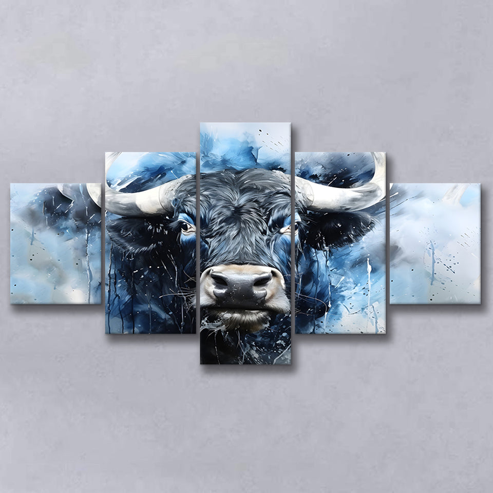 Bull Head Blue And Black 5 Panels Canvas Prints Wall Art Home Decor, Large Mixed Canvas