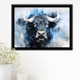 Bull Head Blue And Black Framed Canvas Prints Wall Art Home Decor, Painting Canvas, Floating Frame
