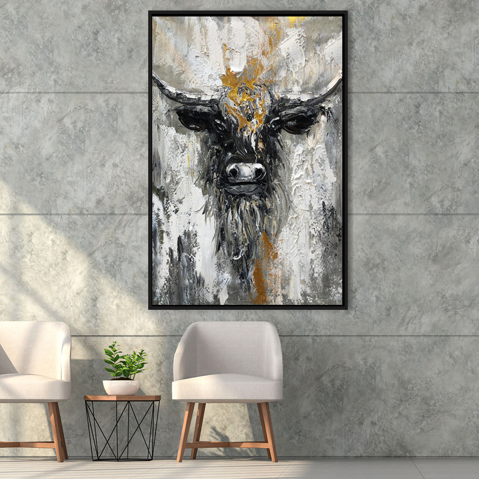 Bull Painting Large Oil Painting Black And Gold Abstract Cow Framed Canvas Prints Wall Art - Painting Canvas, Framed Picture, Home Art Decor