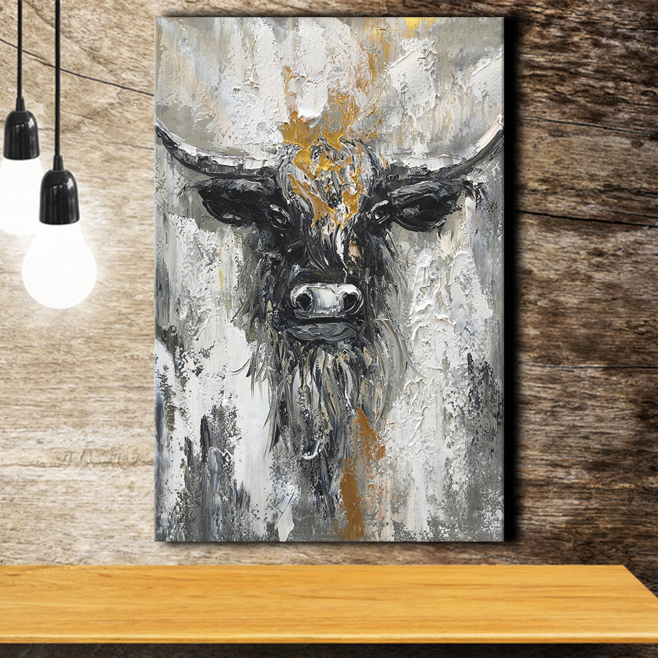 Bull Painting Large Oil Painting Black And Gold Abstract Cow Canvas Prints Wall Art - Painting Canvas, Wall Decor, Home Decor