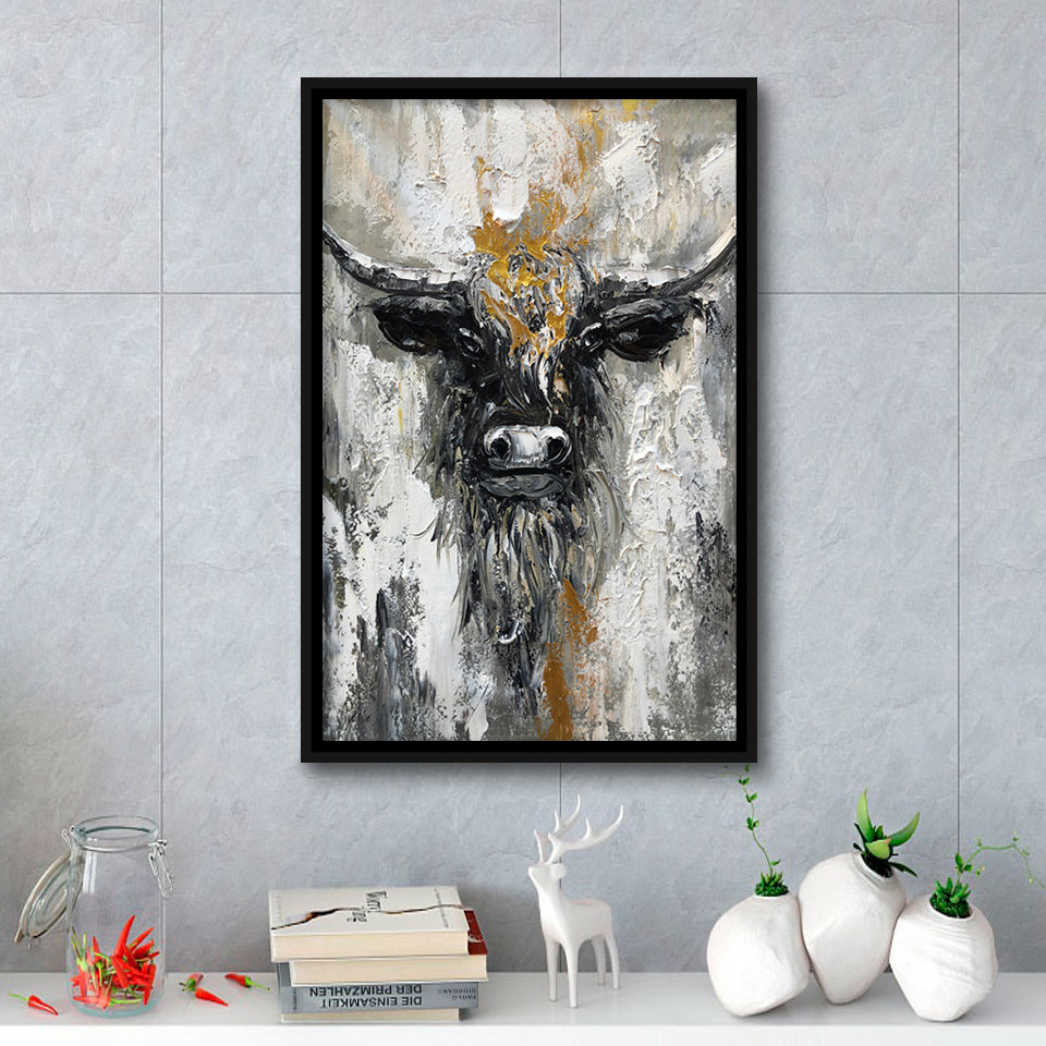 Bull Painting Large Oil Painting Black And Gold Abstract Cow Framed Canvas Prints Wall Art - Painting Canvas, Framed Picture, Home Art Decor