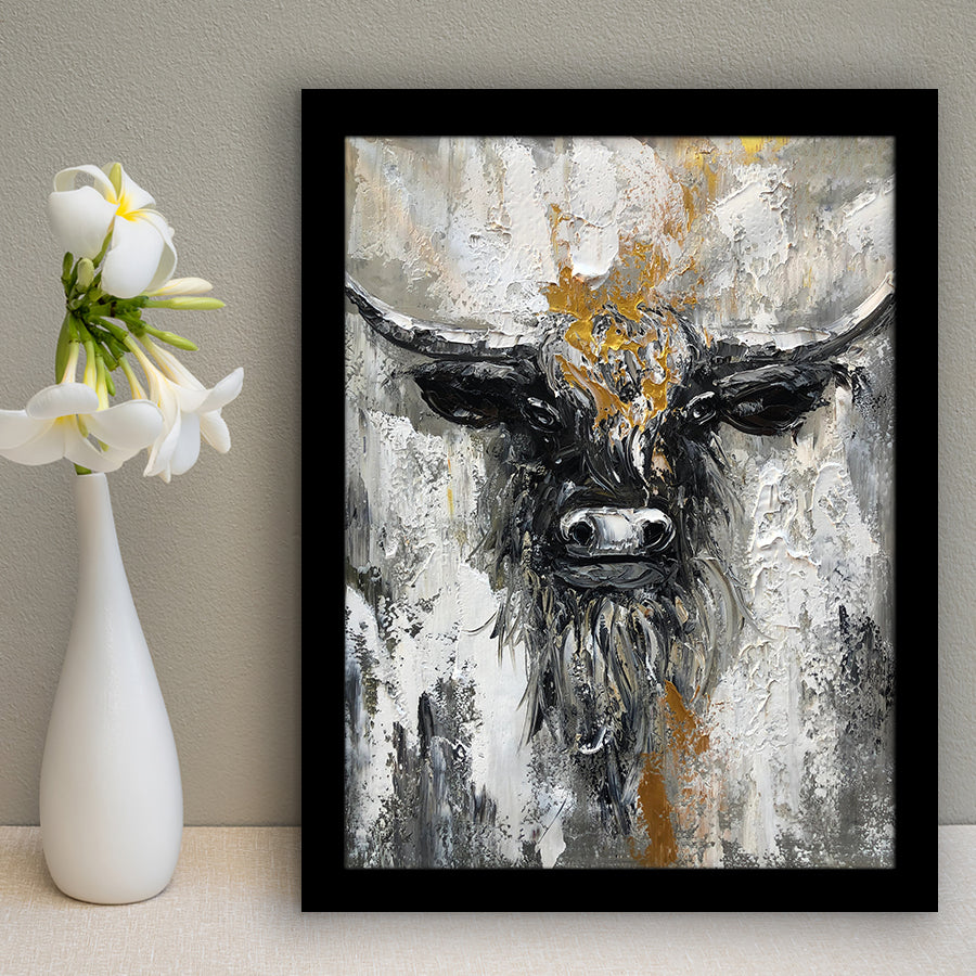 Bull Painting Large Oil Painting Black And Gold Abstract Cow Framed Art Print Wall Decor - Painting Art, Framed Picture, Home Decor