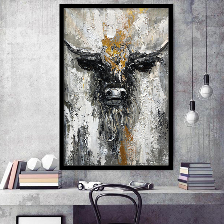 Bull Painting Large Oil Painting Black And Gold Abstract Cow Framed Art Print Wall Decor - Painting Art, Framed Picture, Home Decor